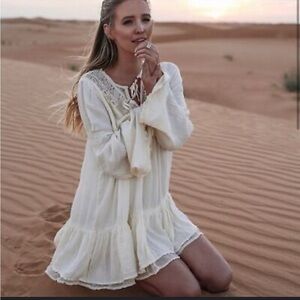Free People One Night Victorian Tunic Dress Beige Ivory Sz Small Oversized Boho